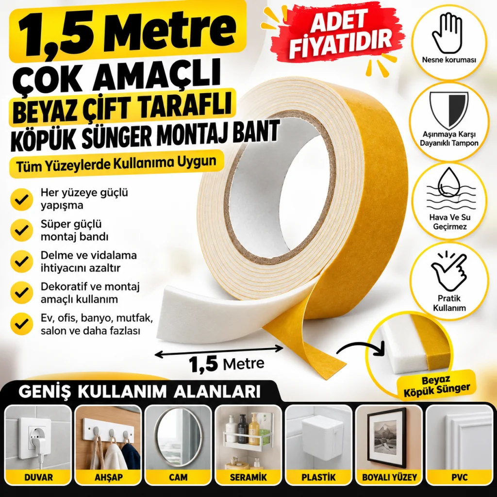 Çok Amaçlı Tüm Yüzeylerde Kullanıma Uygun Beyaz Çift Taraflı Köpük Sünger Montaj Bant(adet fiyatıdır)