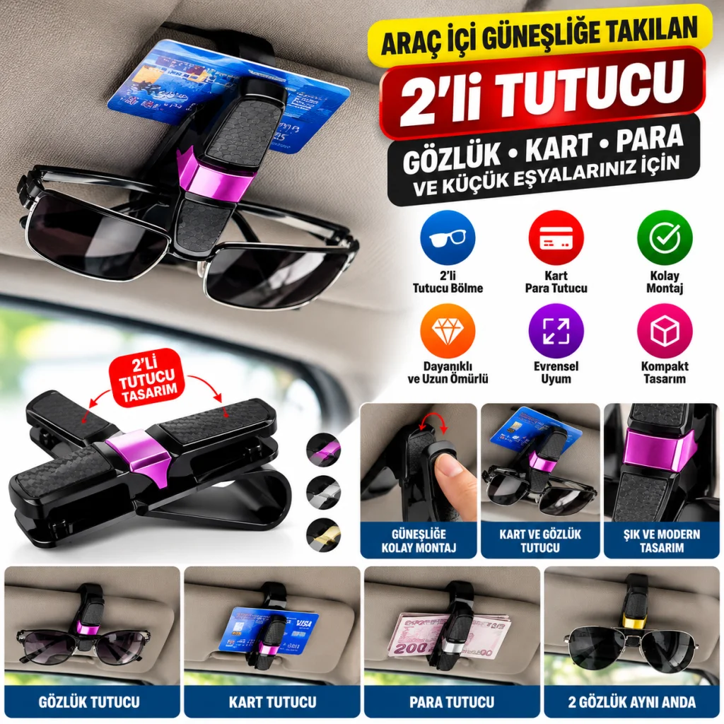 Araç İçi Güneşliğe Takılan 2'li Gözlük,Kart,Para Takmalık Aparat