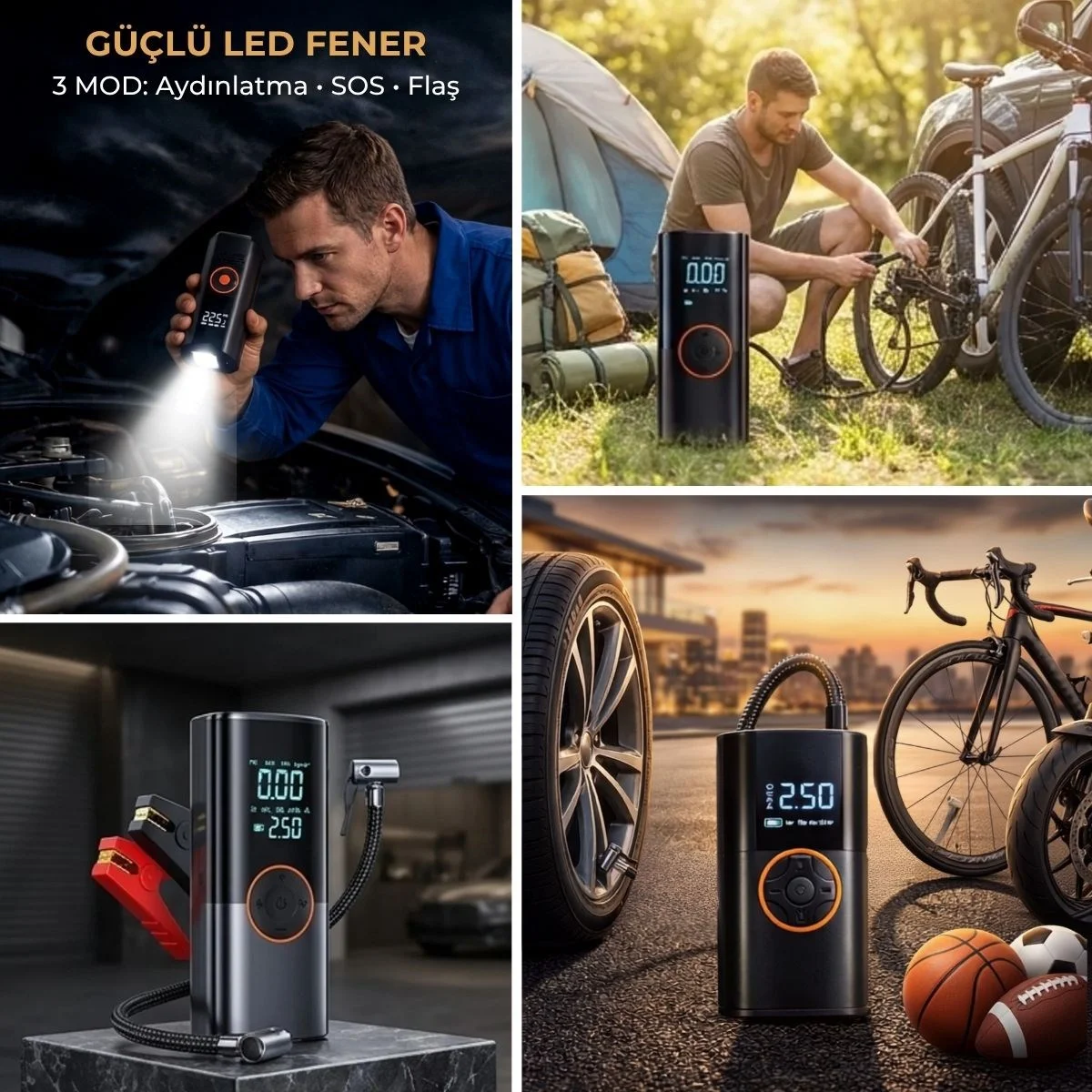 Akü Takviye Cihazı ve Lastik Şişirme Pompası – Powerbank Özellikli, Dijital Ekranlı SOS Fenerli Taşınabilir Kompresör görsel 4