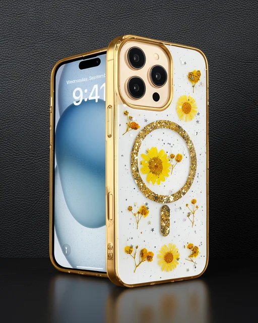 Apple İphone 16 Pro Kılıf Daisy Simli Magsafe Kapak - Gold