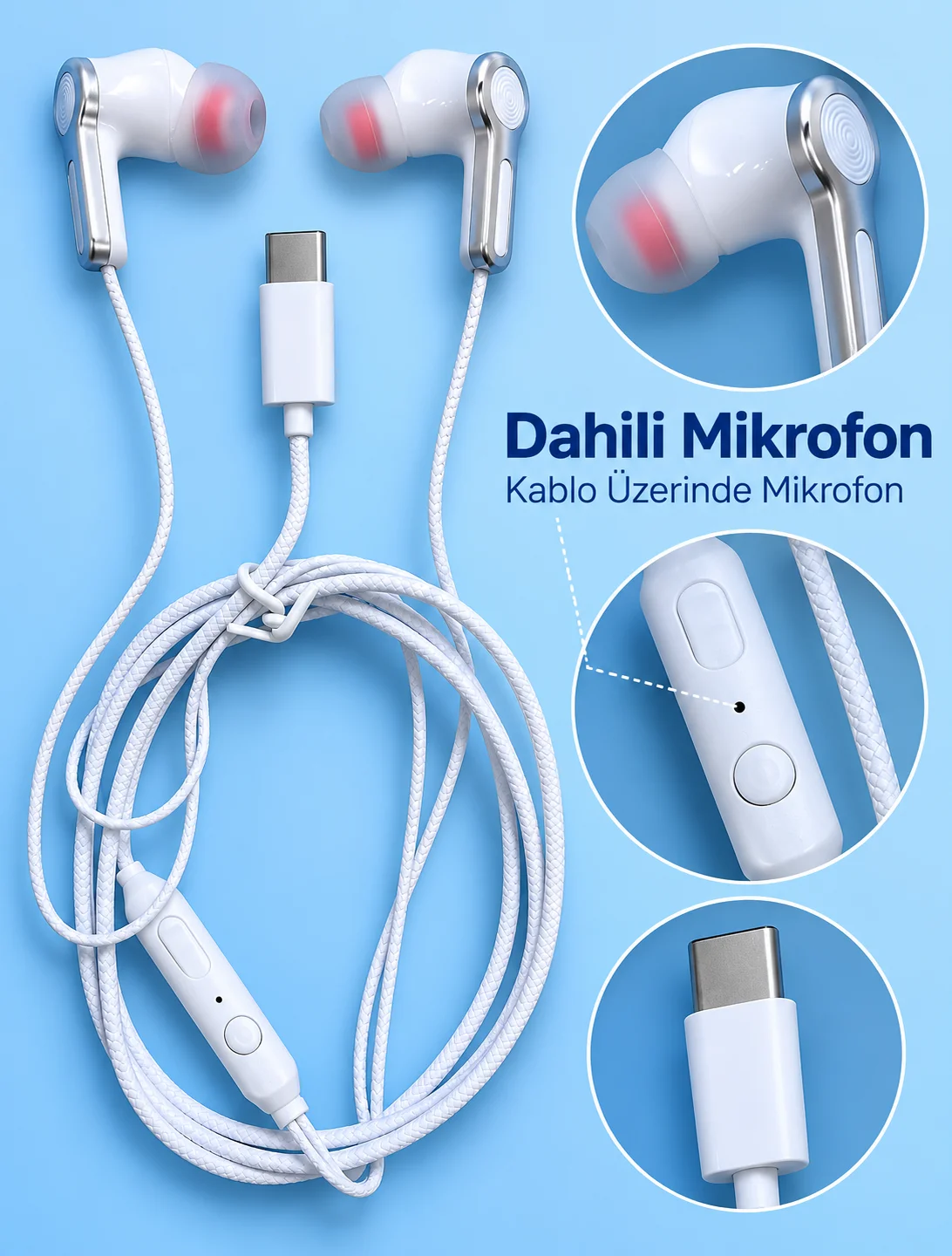 Type C Girişli Mikrofonlu Beyaz Kablolu Kulak İçi Kulaklık