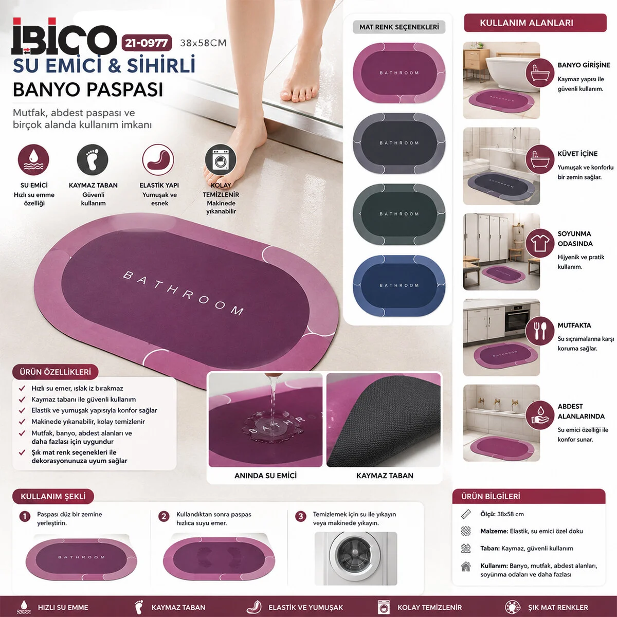Oval - Mat Renkler 38X58CM Su Eci - Sihirli Banyo Paspası Elastik görsel 2