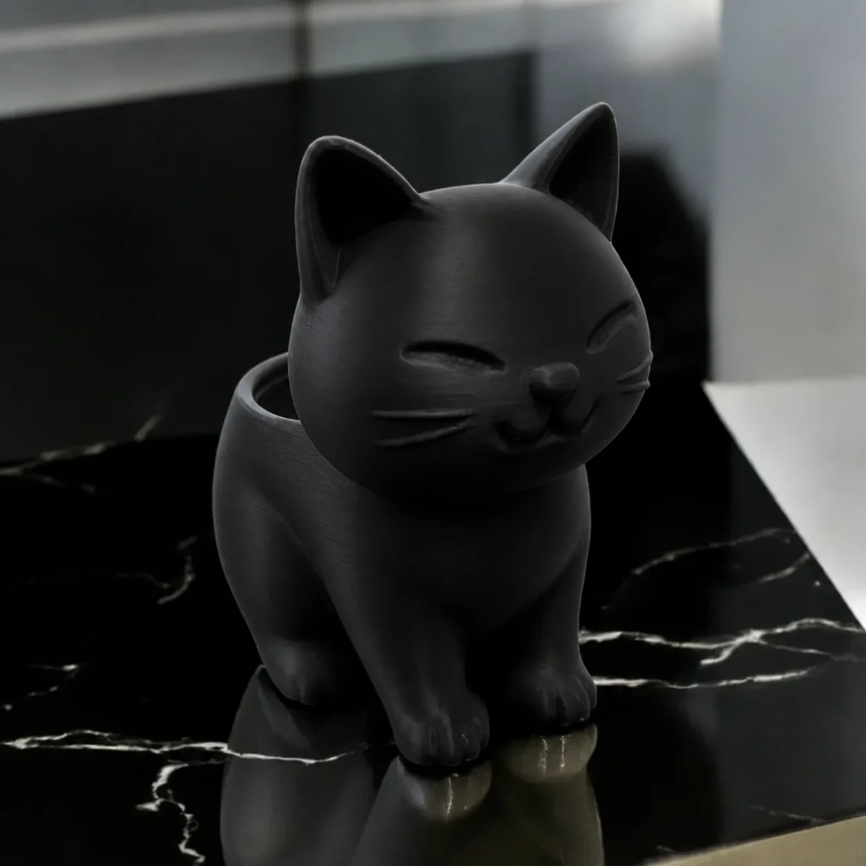 3D Baskı Sevimli Kedi Saksı - Figürlü Sukulent Saksısı-Siyah görsel 2