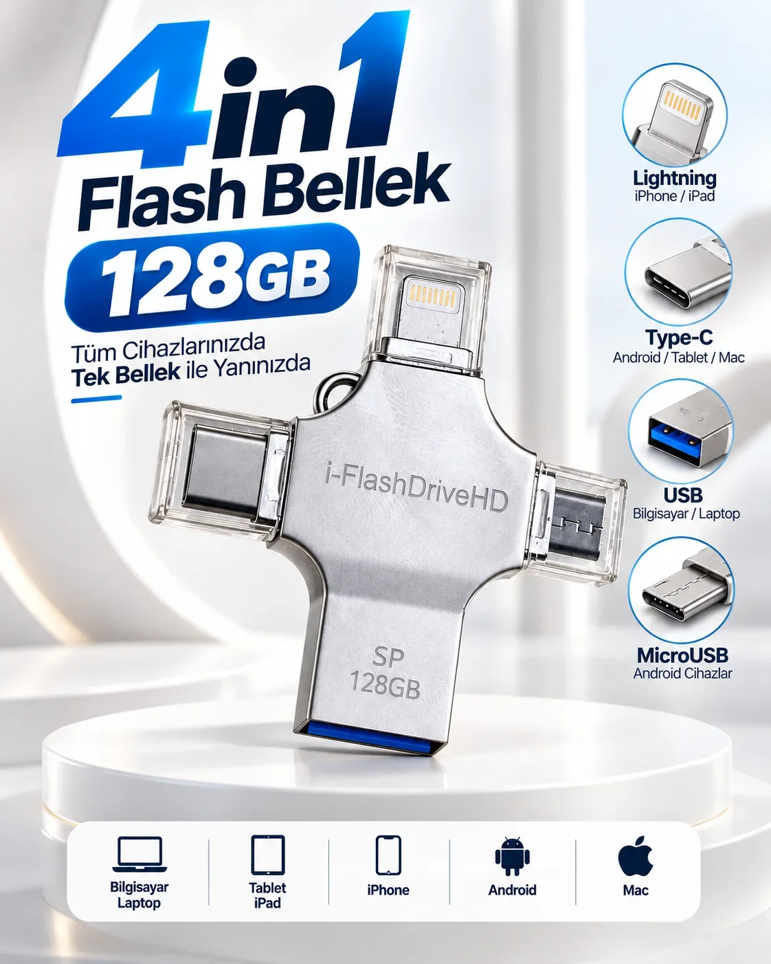 Çoklu Cihaz Uyumlu 128GB 4in1 USB Flash Bellek Lightning Type-C USB-A MicroUSB