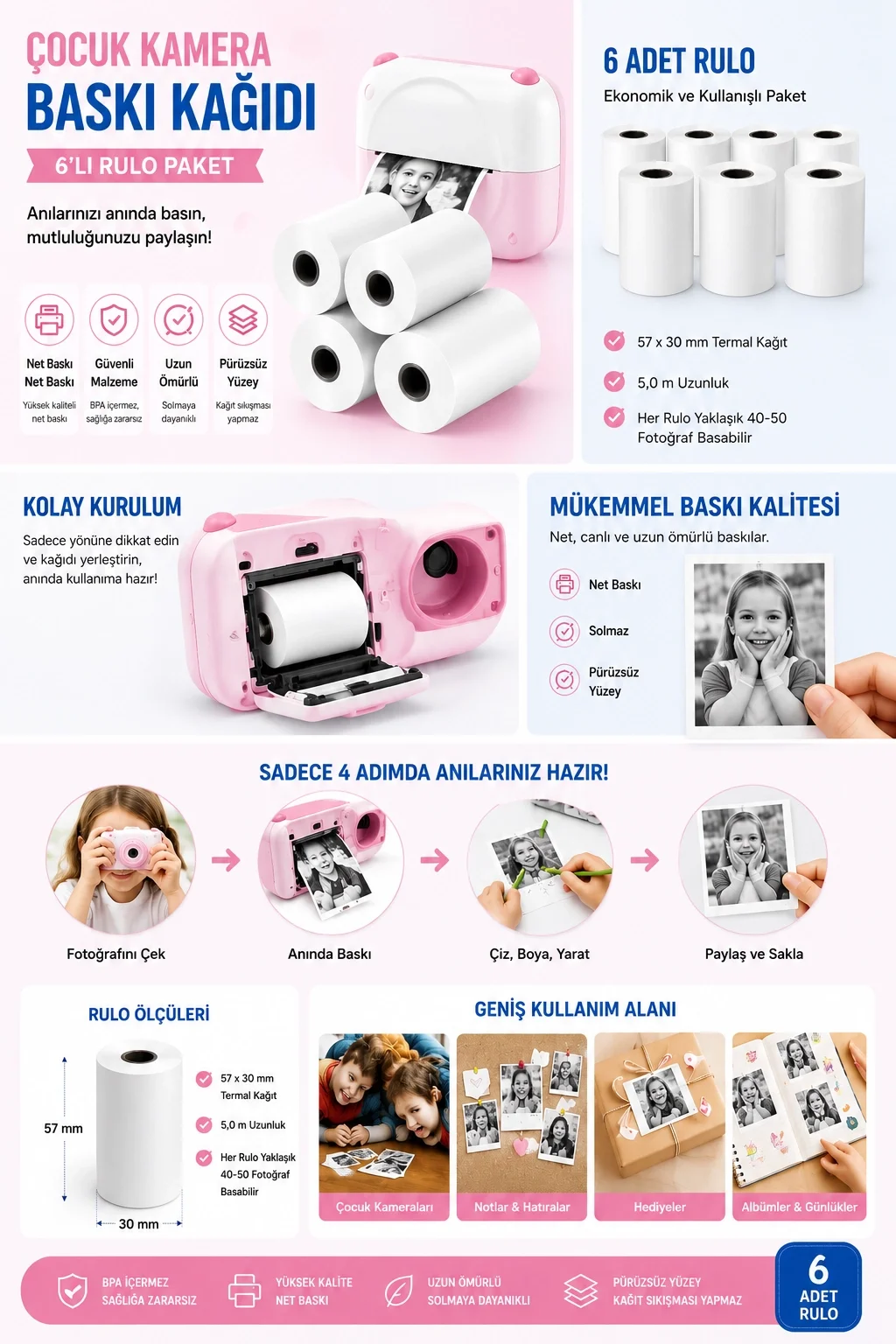 Çocuk Fotoğraf Makinesi Yedek Termal Baskı Kağıdı (6’lı Rulo) – 57x25mm görsel 2