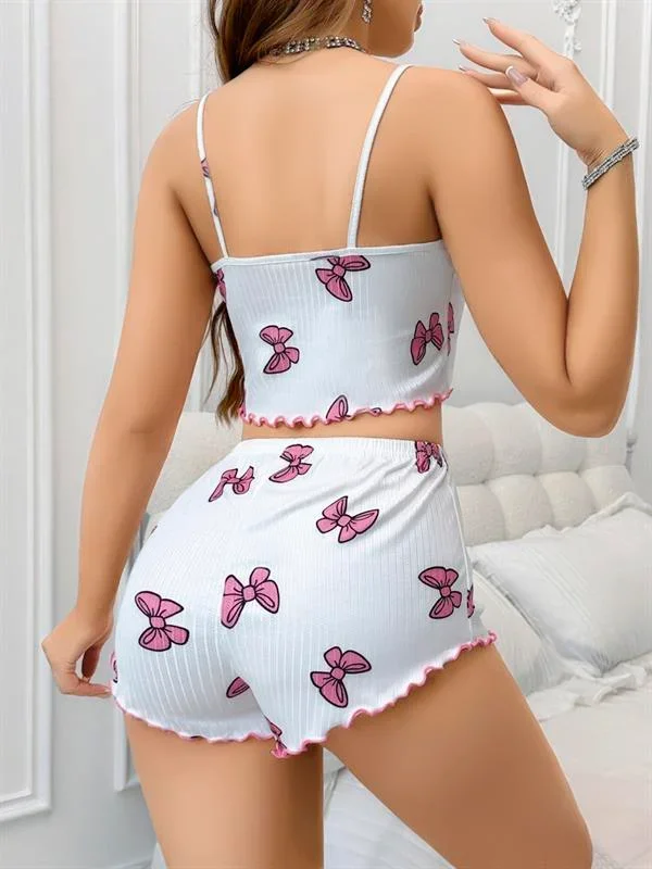 Pamuklu Beyaz Üstüne Pembe Kurdela Desenli Fitilli Askılı Şortlu Pijama Takımı görsel 3