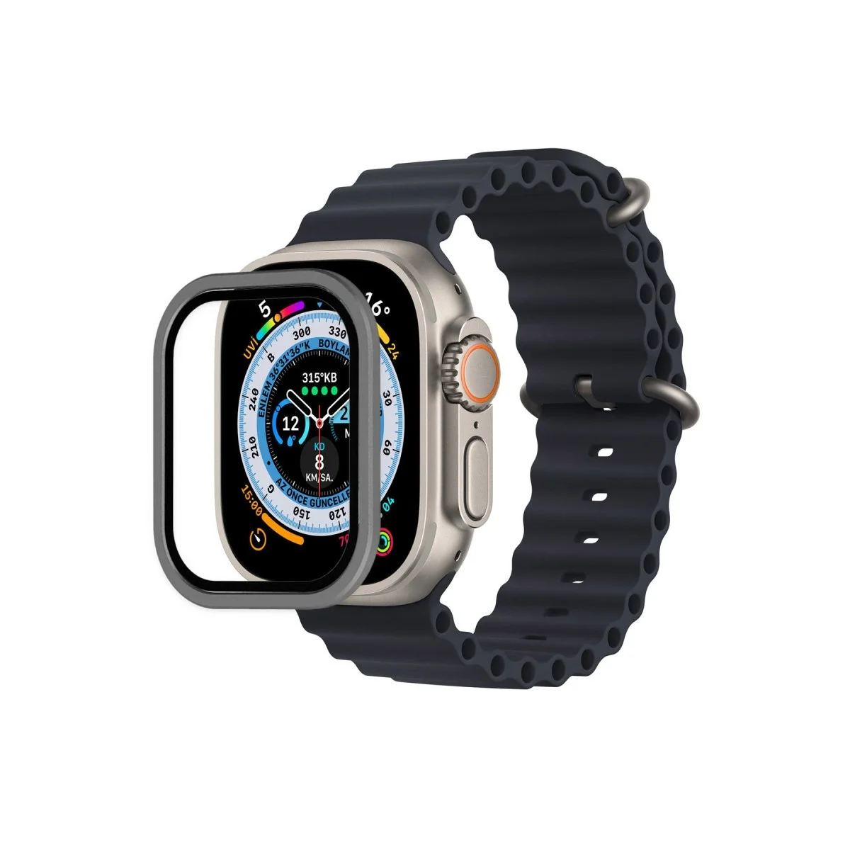 Apple Watch Ultra 49mm Alünyum Kasa Cam Ekran Koruyucu - Gri
