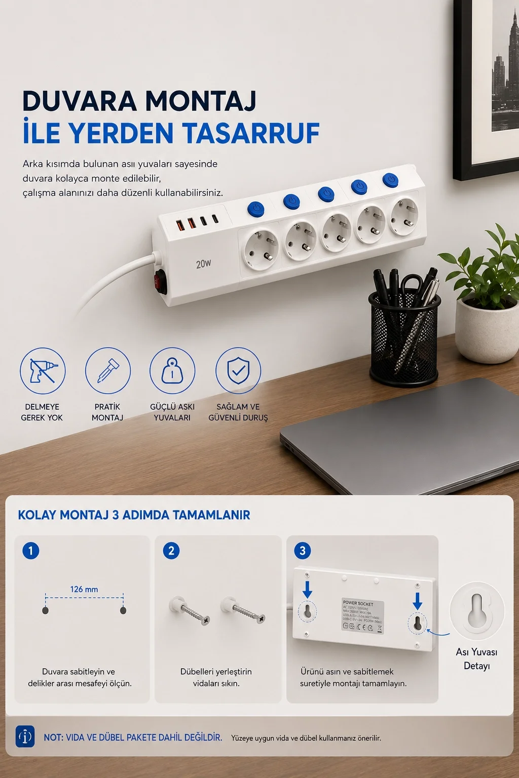 5’li Akım Korumalı Çoklu Priz 2 Metre Kablolu 3680W 16A 5 Anahtarlı 2USB-A 2 USB-C PD 20W Hızlı Ftr-28 görsel 5