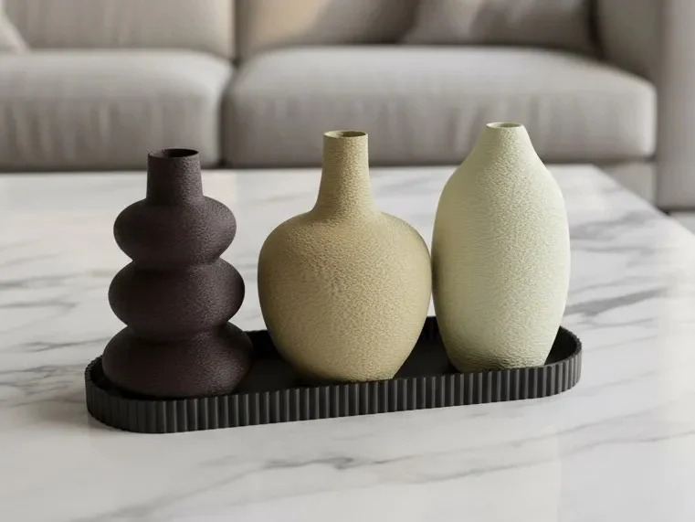 3D Baskı 3lü Dekoratif Vazo Seti ve Sunum Tepsisi - Modern Minimalist Masa Dekoru