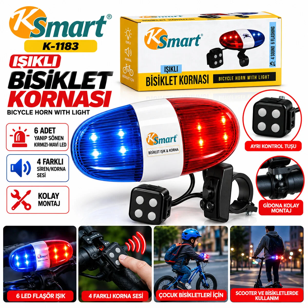 Bisiklet Kornası - Zil Işıklı 2XAA Pil Polis - Siren 4 Fonksiyon K-1220 görsel 2