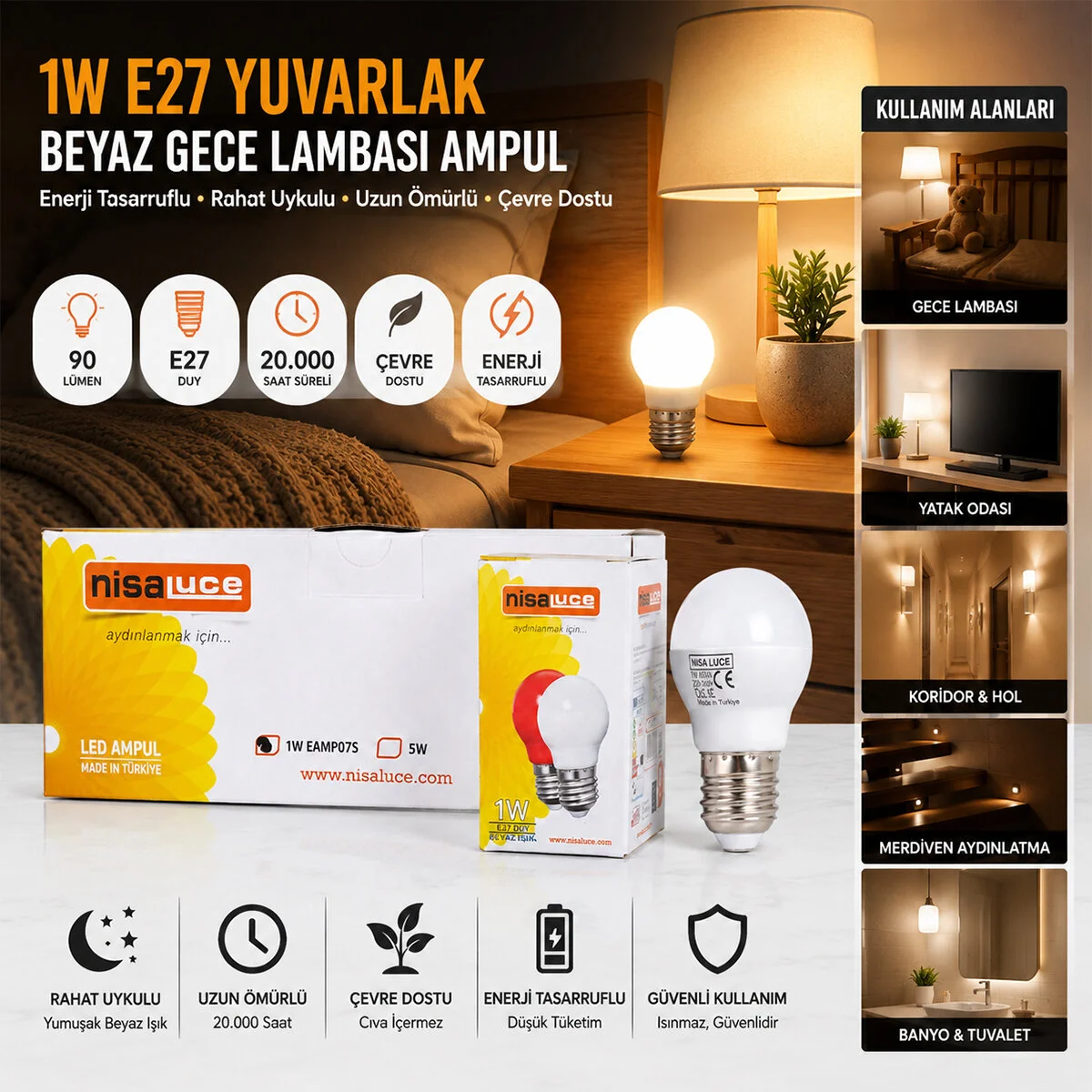 10 Adet 1W E27 Beyaz Yuvarlak Gece Lambası Led Ampul