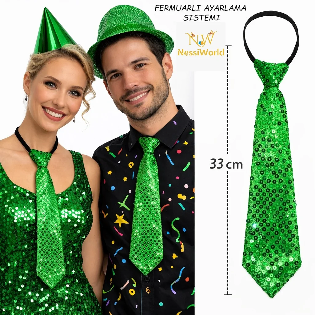 Yeşil Renk Pul Payetli Işıltılı Parti Kravatı 33 cm görsel 2