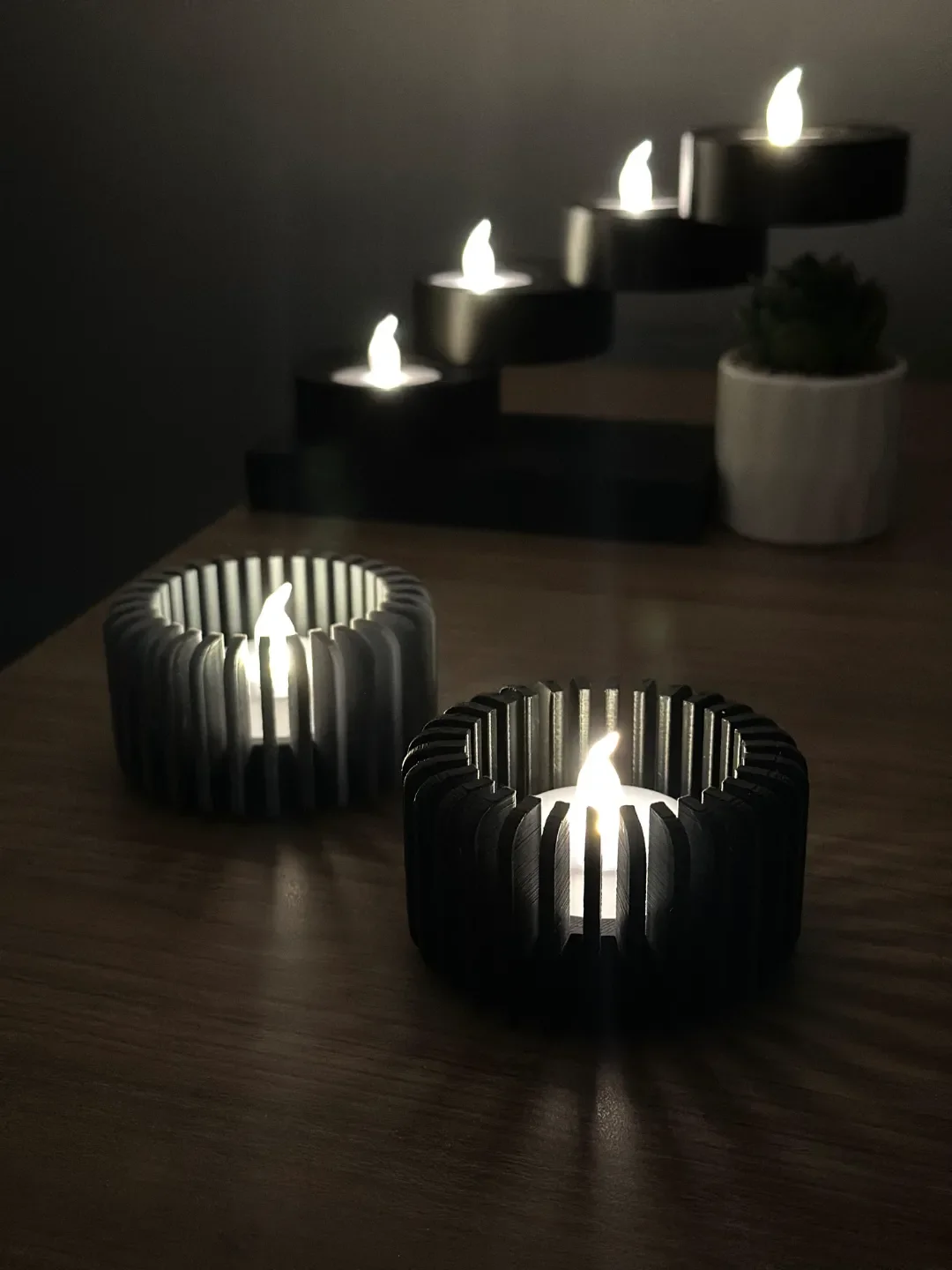 3D Baskı Modern Çizgili Mumluk - Tealight Mumluk (1 Adet)-Gri görsel 3