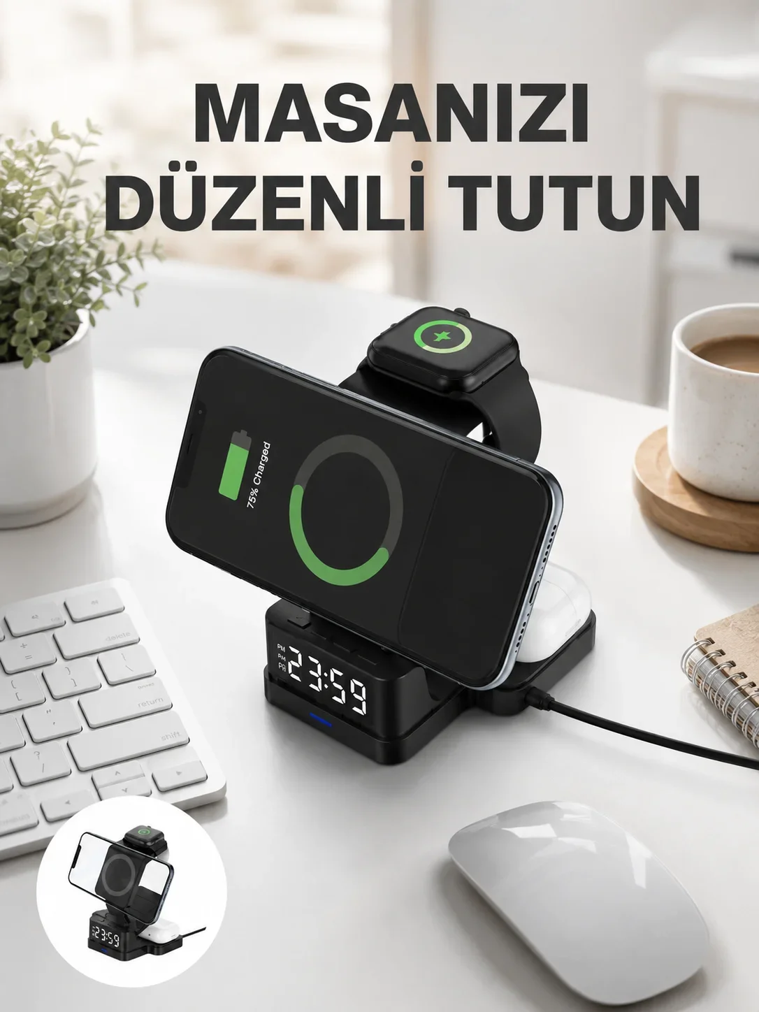 Kablosuz Şarjlı Dijital Masa Saati – 3 Parlaklık Seviyeli LED, Hızlı Şarj Yeni Nesil