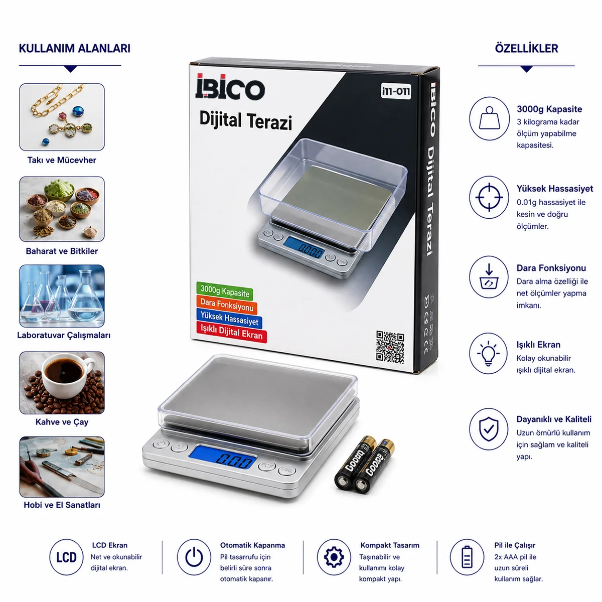 Mini Hassas Tartı 3000g/0.01g (Şeffaf Kapak, Pilli) görsel 3