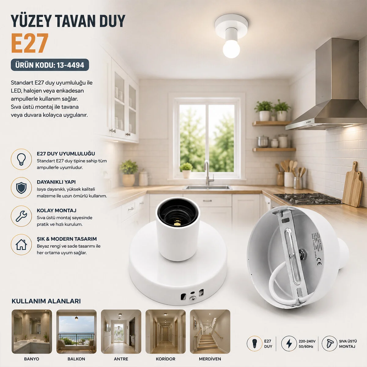 E27 Metal Askı Aparat Tavan Duy E1318/2 görsel 2