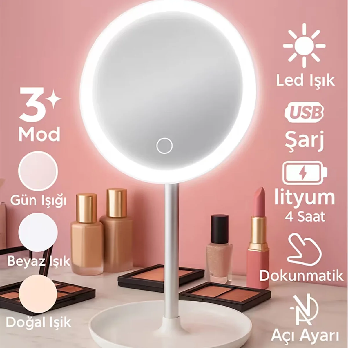 Yuvarlak 6.5 Inc Ledli - Usb Şarjlı Makyaj Aynası 90° Açı Ayarlı Takılı Ayak Renkli Pls İ11-016 görsel 4