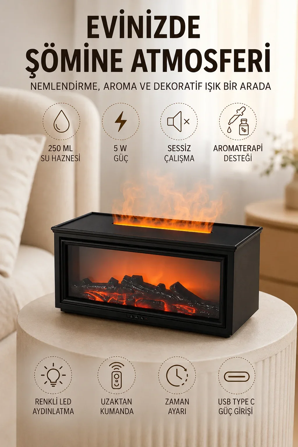 Aroma Difüzörü Simüle Alev Efektli Sessiz Hava Nemlendirici 250 ML görsel 3