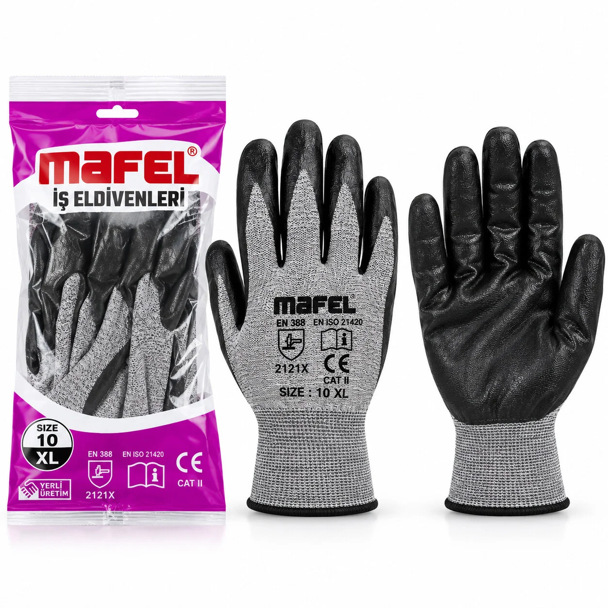 12 Adet Zebra Gri Siyah No 10 Xl Nitril İşçi Eldiven Poşetli Ambalaj Kesilme Direnç