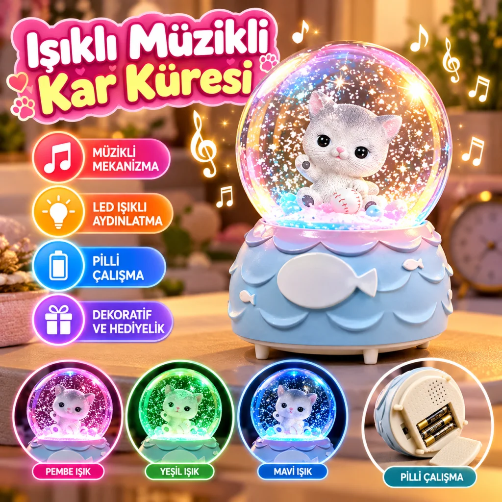 Pilli Işıklı Müzikli Kar Küresi–Şanslı Toplu Kedi Figürlü Eğlenceli Masaüstü Biblo, LED Aydınlatmalı Dekoratif Hediyelik Kar Küresi
