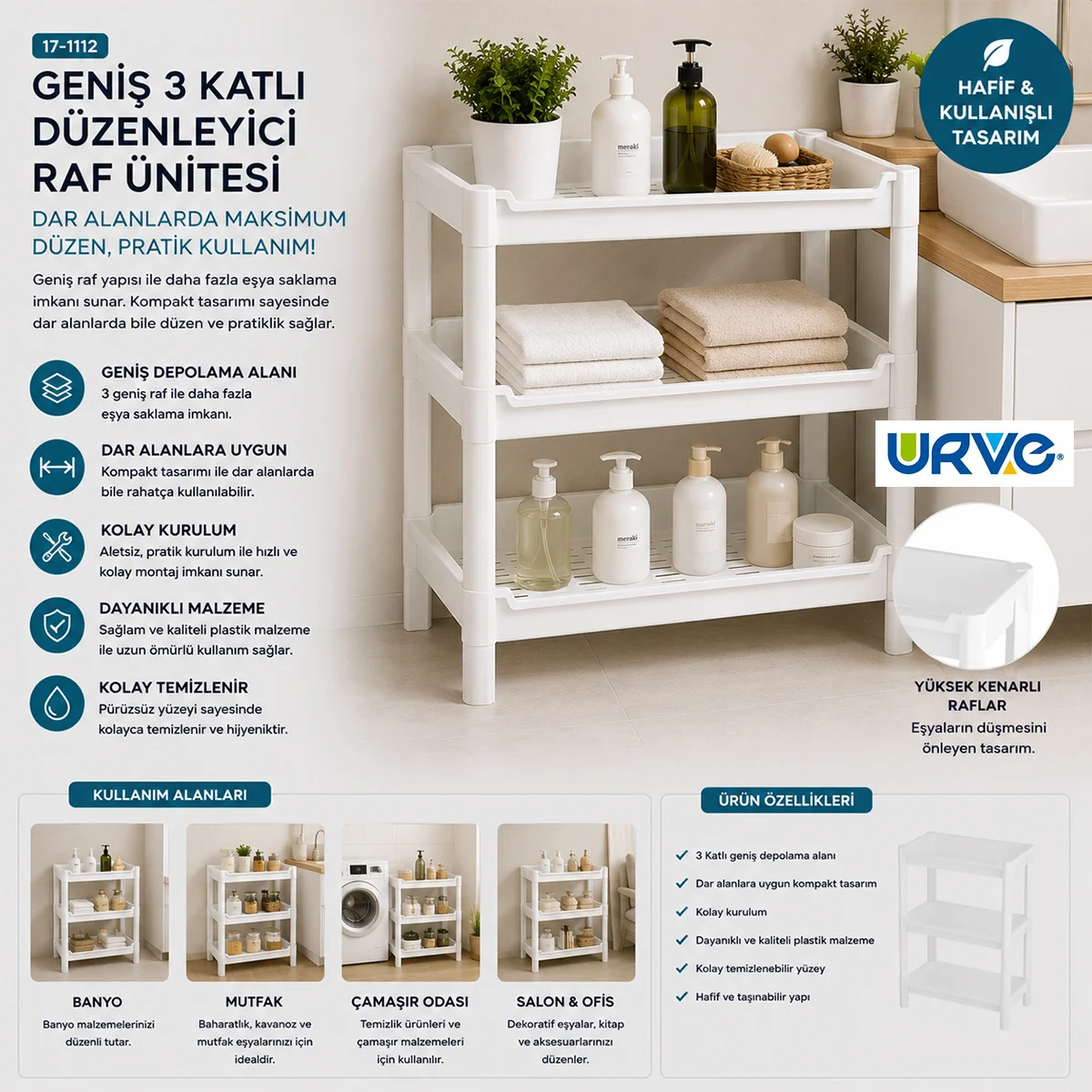 3 Katlı Geniş Sepet Organizer Raf Ünitesi 510x205x685 mm görsel 3