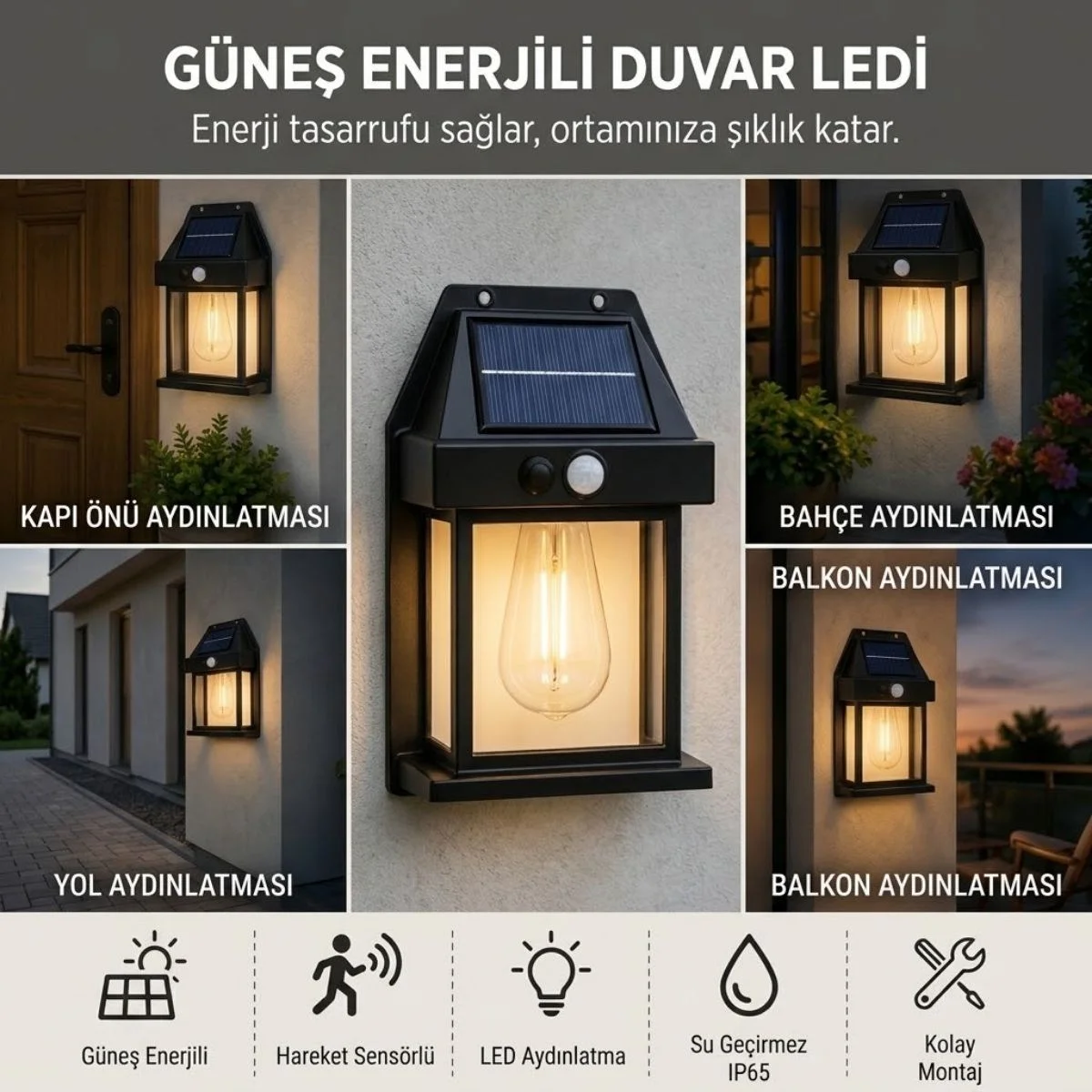 Ampul Model 3 Modlu Solar LED Duvar Lambası, Güneş Enerjili, Şarjlı Kablosuz Dış Mekân Apliği, Bahçe ve Kapı Lambası görsel 3