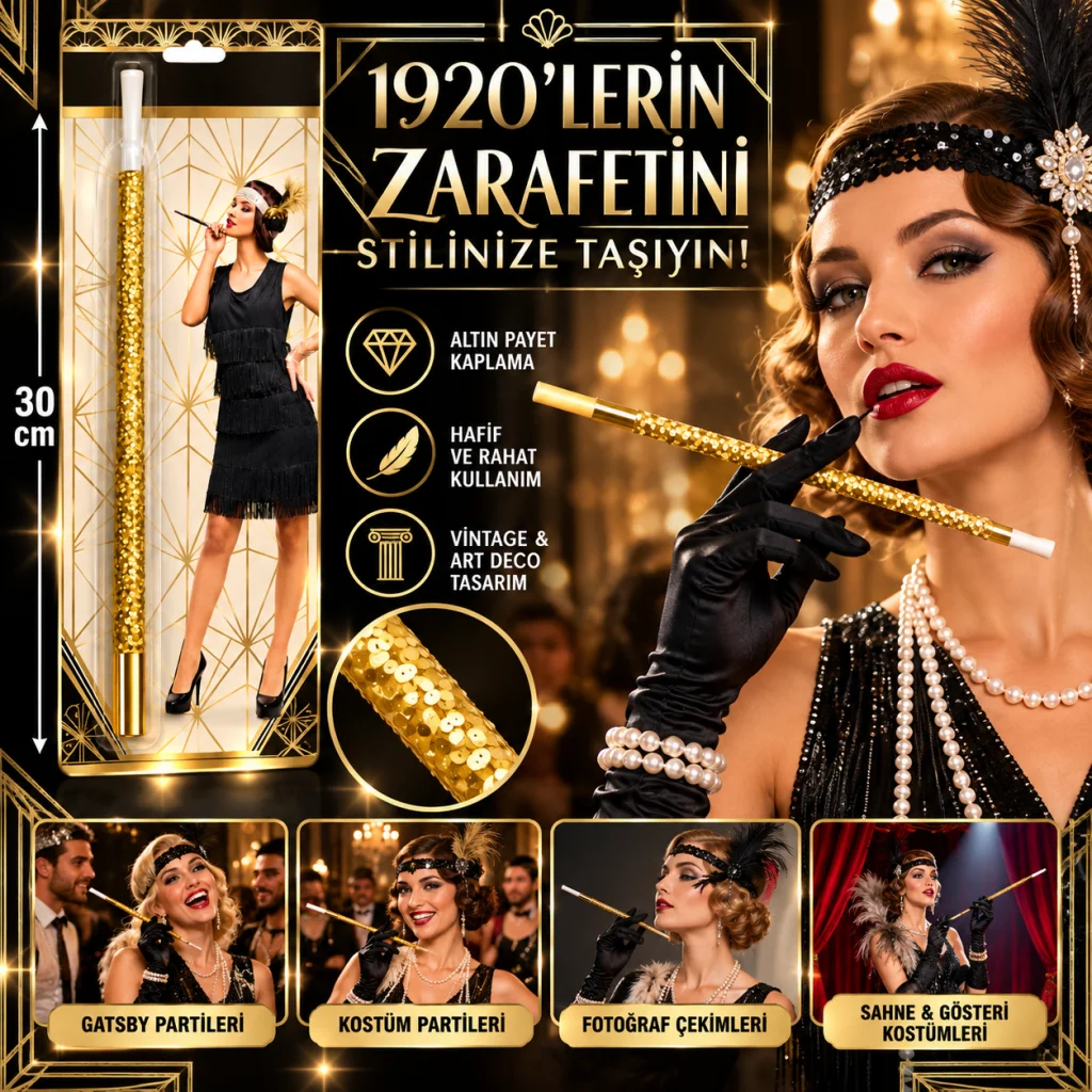 30 cm Altın Gold Payetli Tutacağı – 1920’ler Gatsby Parti Aksesuarı