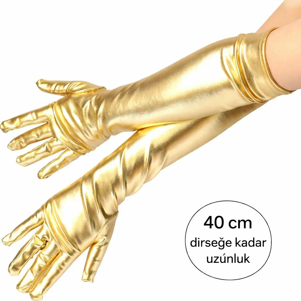 Altın Renk Dirsek Altı Lüks Saten Eldiven 40 cm görsel 2