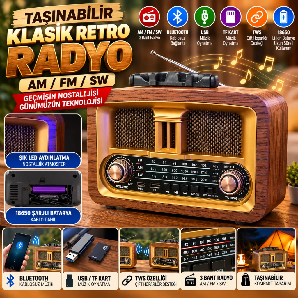 Taşınabilir Klasik AM/FM/SW Retro Ev Radyo USB ile Şarj Olabilen Retro Radyo
