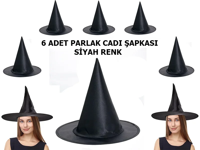 Siyah Renk Parlak Dralon Cadı Şapkası Yetişkin ve Çocuk Uyumlu 6 Adet
