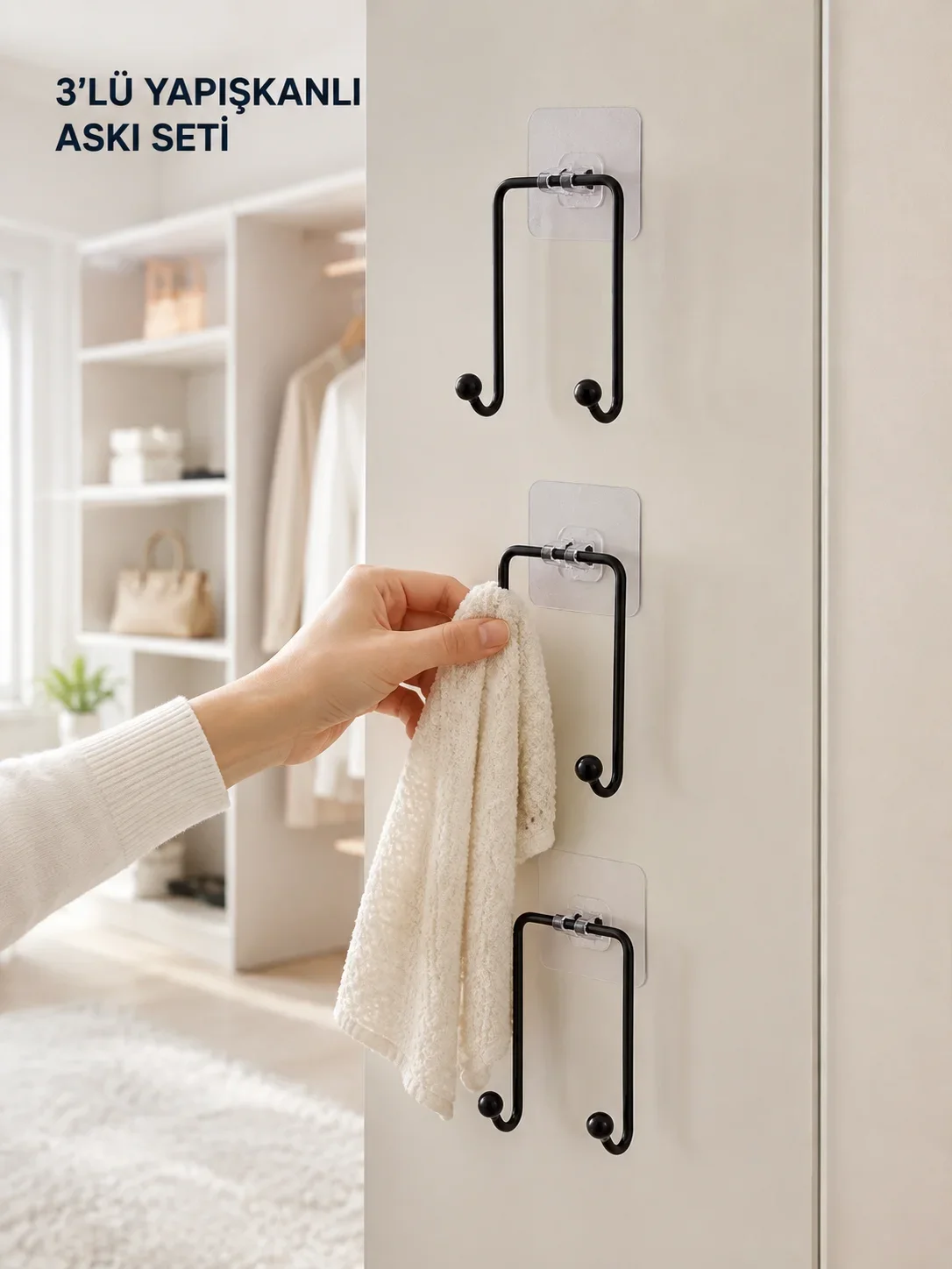 3'lü Duvar Tipi Yapışkanlı Askılık Ev ve Yaşam Alanları İçin Pratik Set