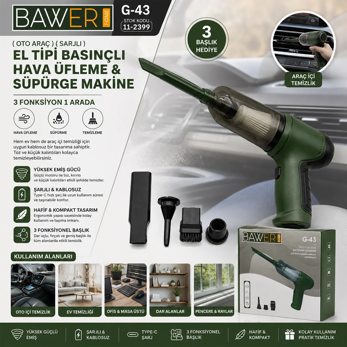 Şarjlı El Tipi Basınçlı Hava Üfleme ve Süpürge - 3 Başlık (Oto) görsel 3