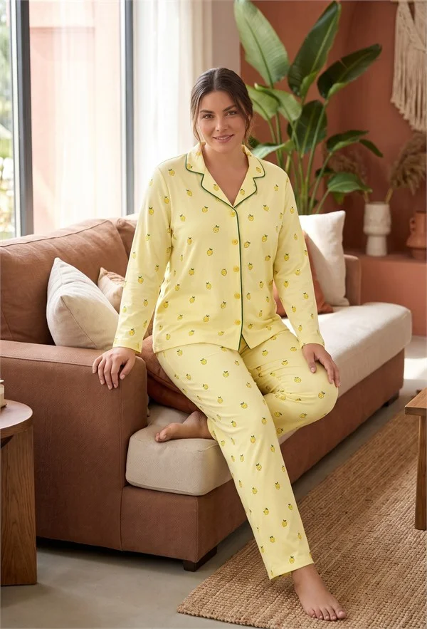 Pamuklu Yumuşak Dokulu Büyük Beden Sarı Limon Desenli Yeşil Biyeli Düğmeli Uzun Kollu Pijama Takımı görsel 2