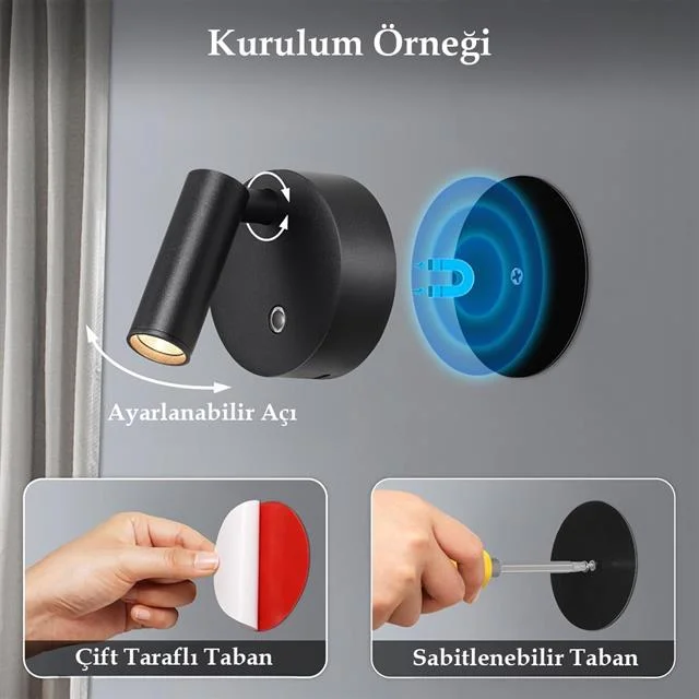 Ledx AL-XYD05 Çok Fonksiyonlu Dokunmatik Şarjlı 1200mAh Duvar Aplik 3000K-4000K-6500K TYPE-C Şarj Girişli görsel 2