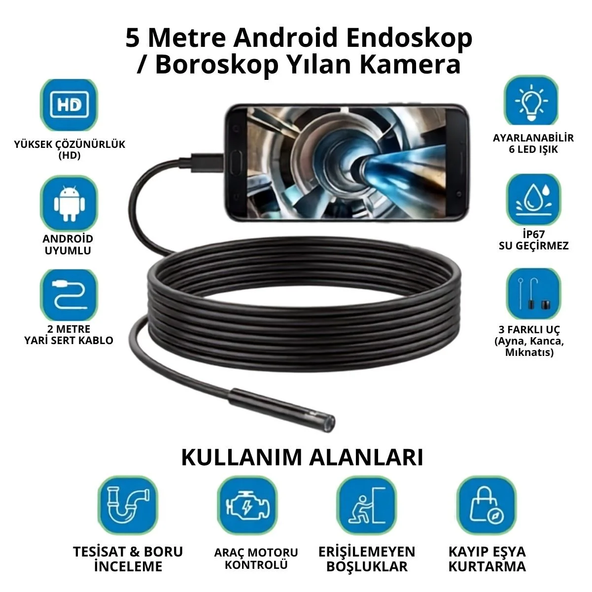 5 Metre Android Telefon Uyumlu 6 LED Işıklı Su Geçirmez Endoskop / Boroskop Yılan Kamera HD görsel 5