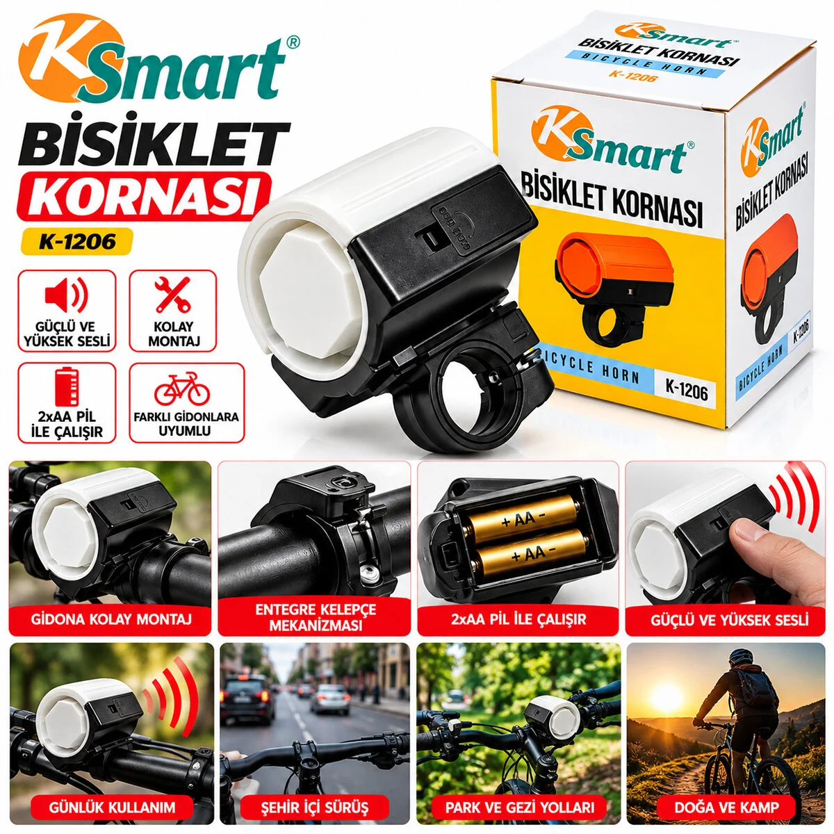 Bisiklet Kornası - Zil 2XAA Pilli Güçlü - Yüksek Ses K-1206 görsel 2