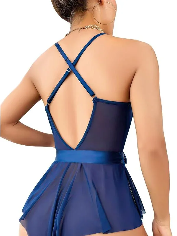 Mavi Dantel İşlemeli Kurdelalı Tül Babydoll görsel 2