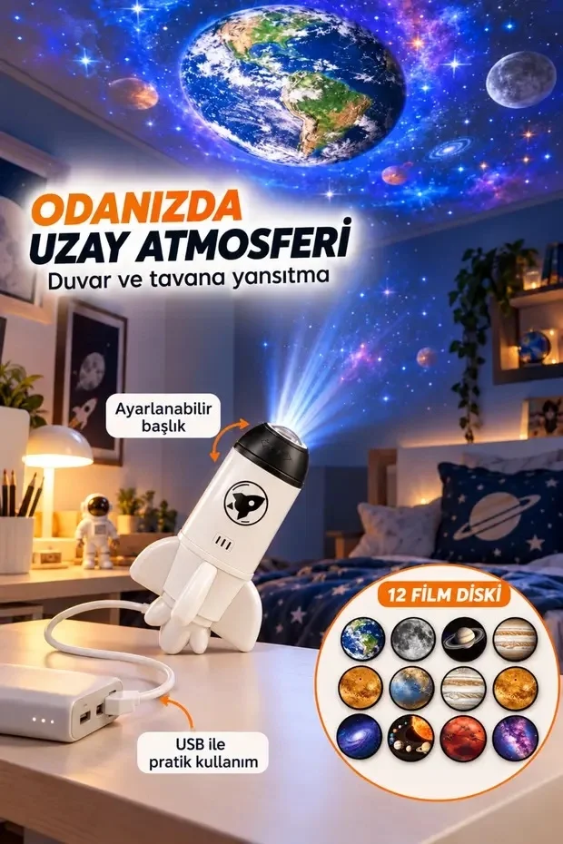 12 Film Diskli Roket Galaksi Projektörü USB Tak Çalıştır Uzay ve Gezegen Projeksiyon Gece Lambası görsel 3