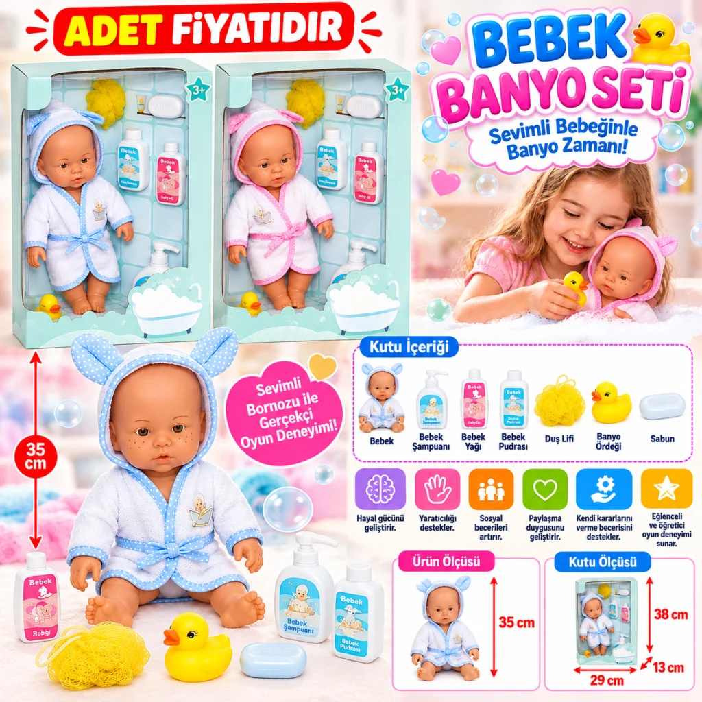 030031 NessiWorld Banyo Zamanı Bebek Seti, 35 cm / +3 yaş adet fiyatıdır