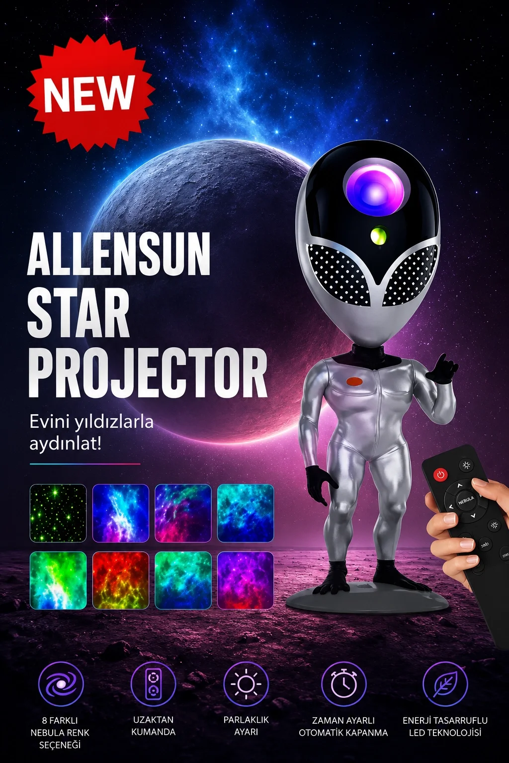 Galaksi Yıldız Projektör Uzaylı Işıklı Samanyolu Projeksiyon Gece Lambası Taklit Ses Tekrarı görsel 3