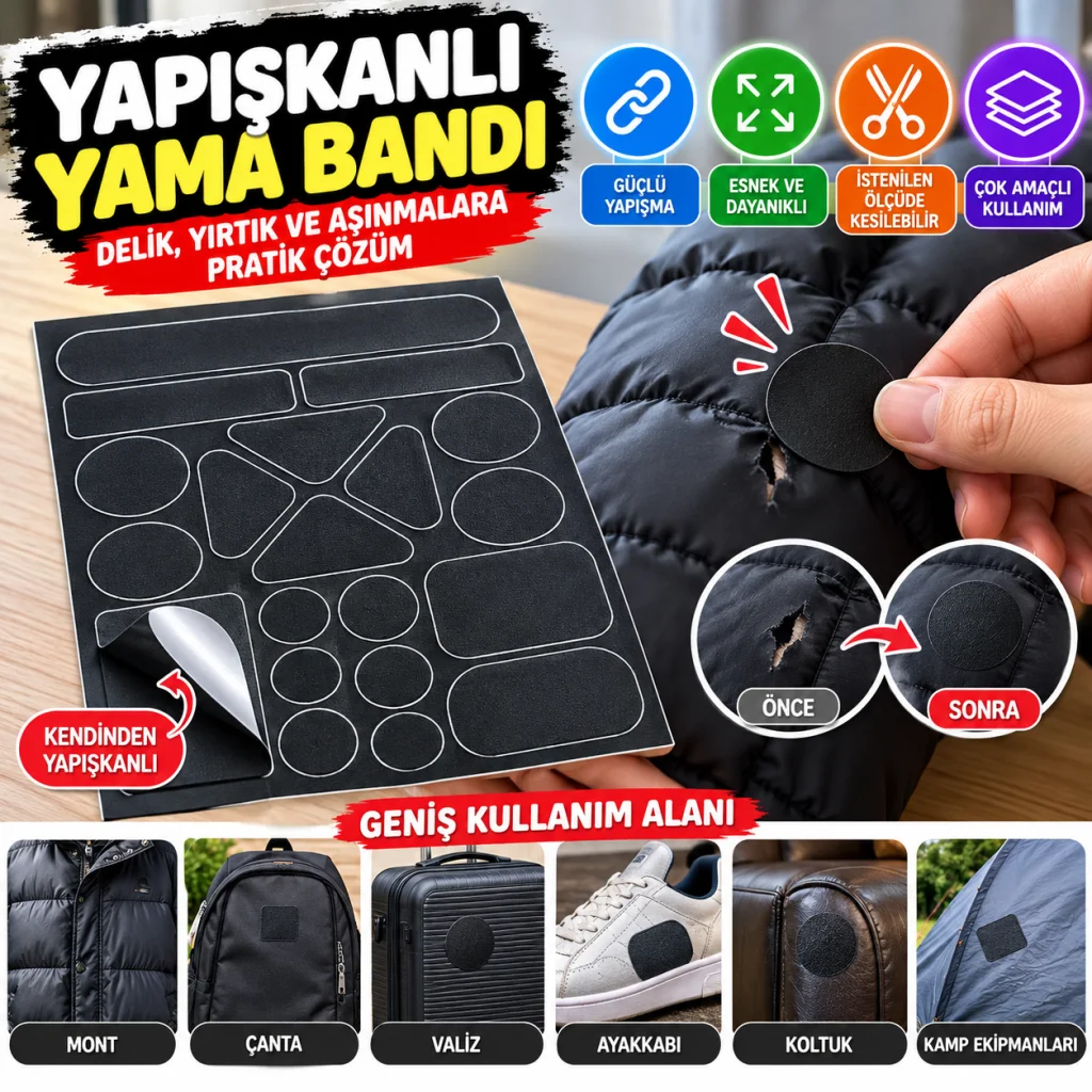 Siyah Yapışkanlı Yama Bantları – Delik Kapatma, Yırtık ve Aşınma İçin Güçlü Tamir Bandı