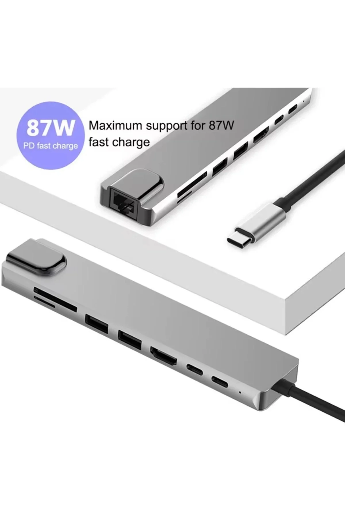 Type-C Çoklu Dönüştürücü – 87W PD, HD, 2x USB 3.0, RJ45, SD/TF Kart Girişli Hub görsel 4