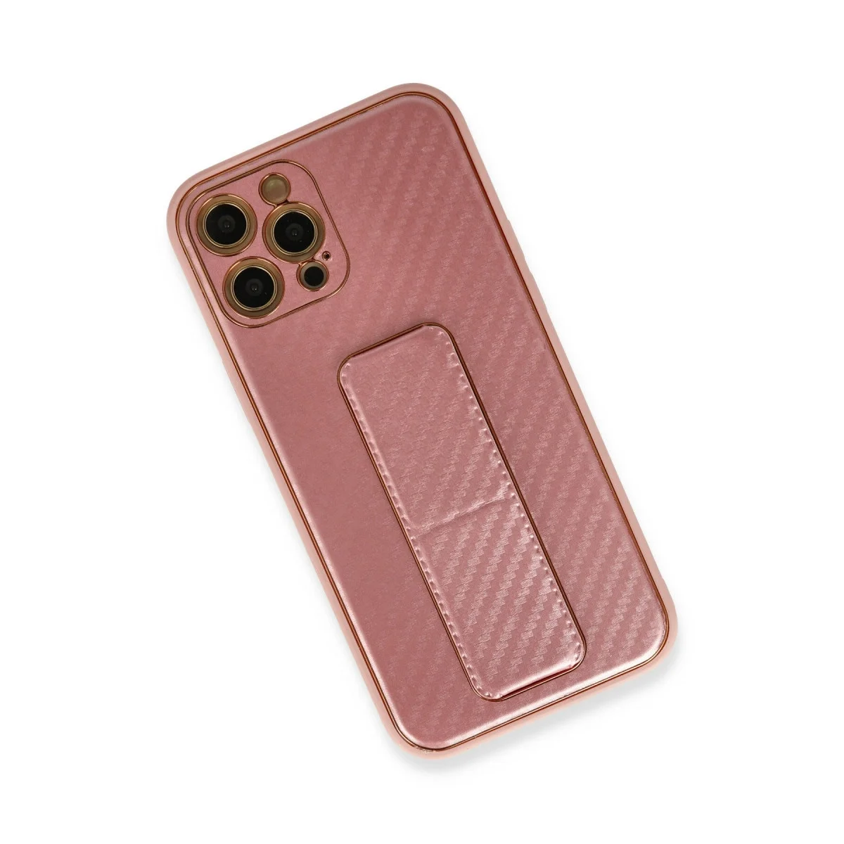 Apple İphone 12 Pro Kılıf Coco Karbon Standlı Kapak - Pembe görsel 3