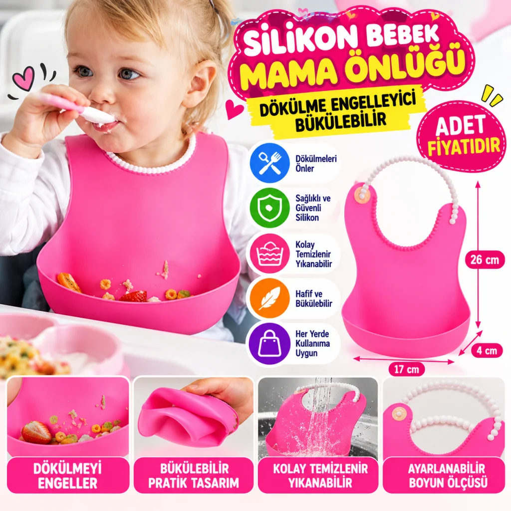 Çocuk Bebek Mama Önlüğü Dökülme Engelleyici Bükülebilir Pembe (adet fiyatıdır)