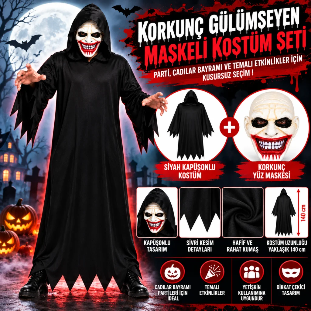 Kanlı Gülüş Maskeli Siyah Kapüşonlu Kostüm Seti 140 cm görsel 2