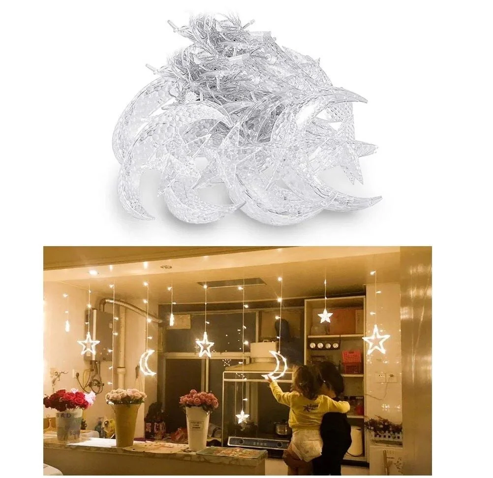 Ay ve Yıldız Figürlü Kumandalı 12 Sarkıtlı 120 LED Dekor Işık – Dekoratif Ortam ve Masaüstü Aydınlatması görsel 2