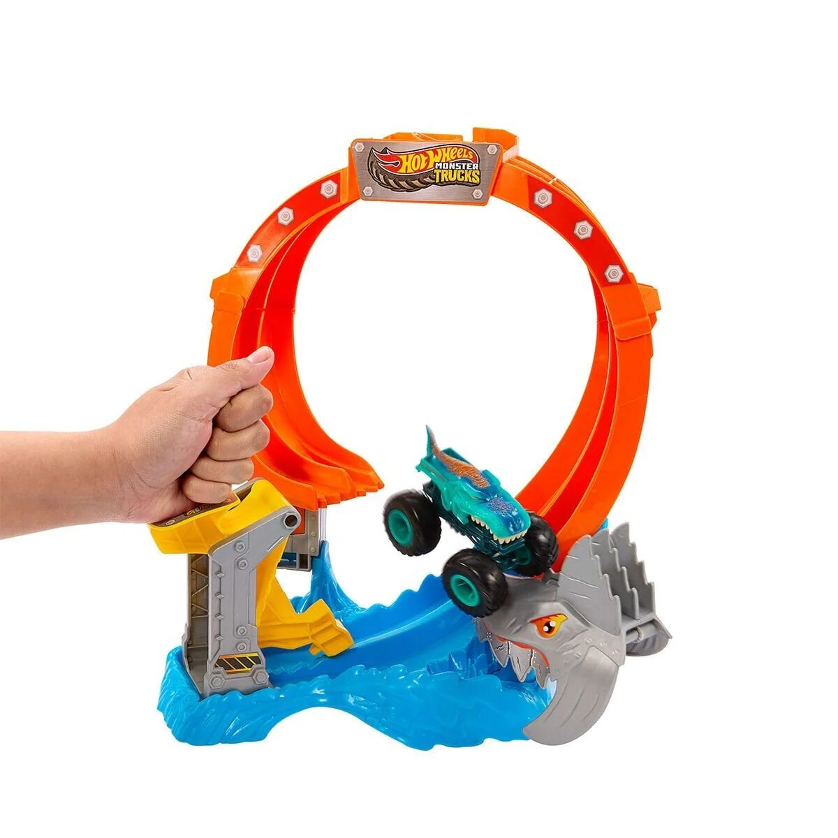 JFR08 Hot Wheels Monster Trucks Dönen Corkscrew Shark Çarpışması görsel 5