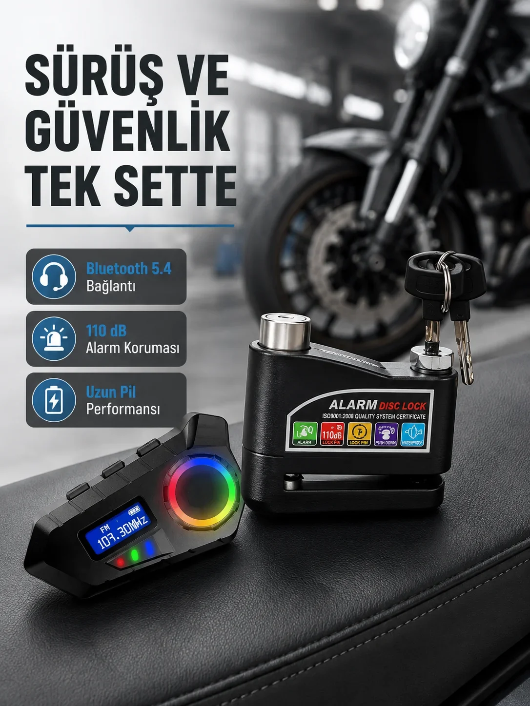 Bluetooth 5.4 İntercom ve Alarmlı Disk Kilidi Seti Güçlü Ses ve Güvenlik