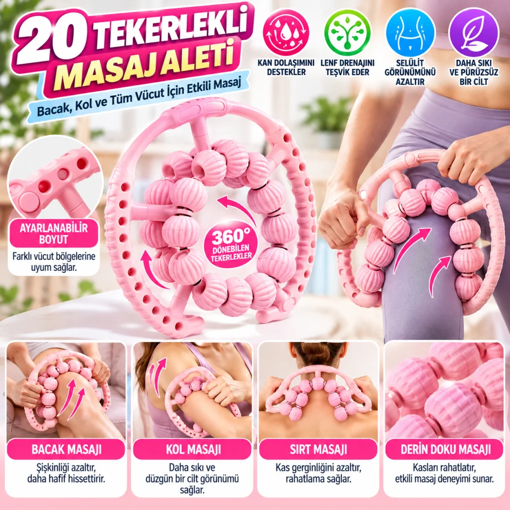 20 Tekerlekli Ayarlanabilir Bacak ve Kol Masaj Aleti – 360° Tam Daire Derin Doku Kas ve Lenfatik Masaj Silindiri