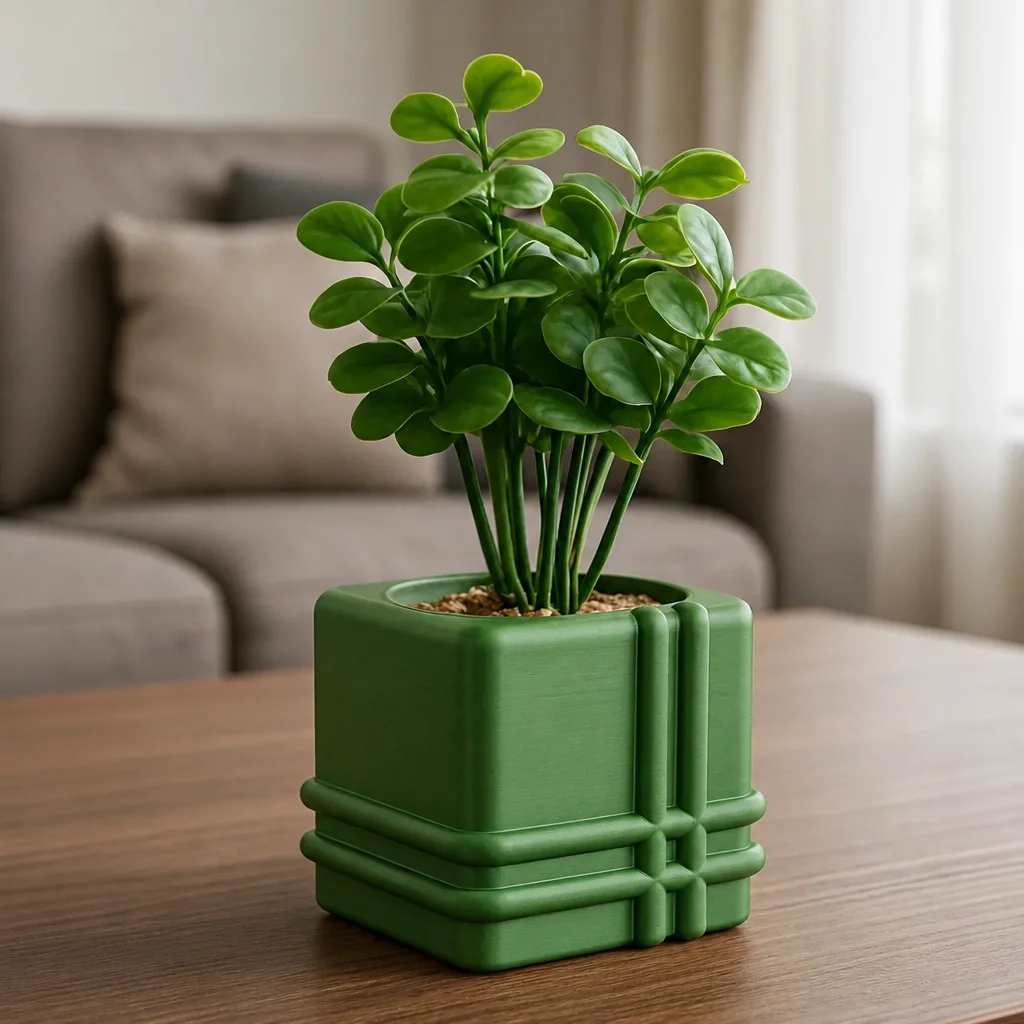 3D Baskı Square Planter - Izgara Desenli Küp Saksı-Yeşil görsel 2